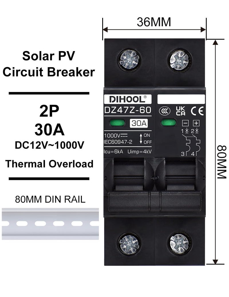 DIHOOL 30 Amp Circuit Breaker DIN Rail Mount Solar Disconnect Switch 2P 1000V Miniature Circuit Breaker - Image 4